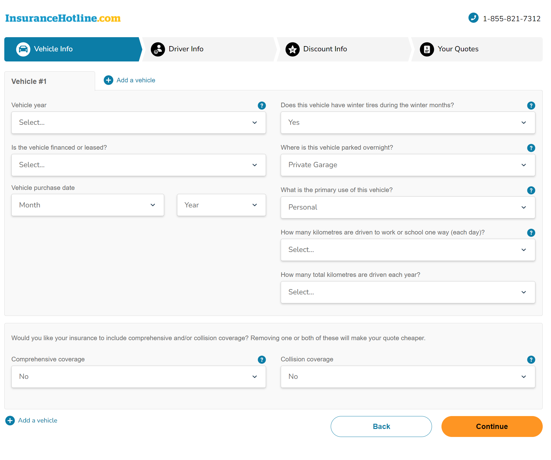 InsuranceHotline.com car insurance calculator step 1